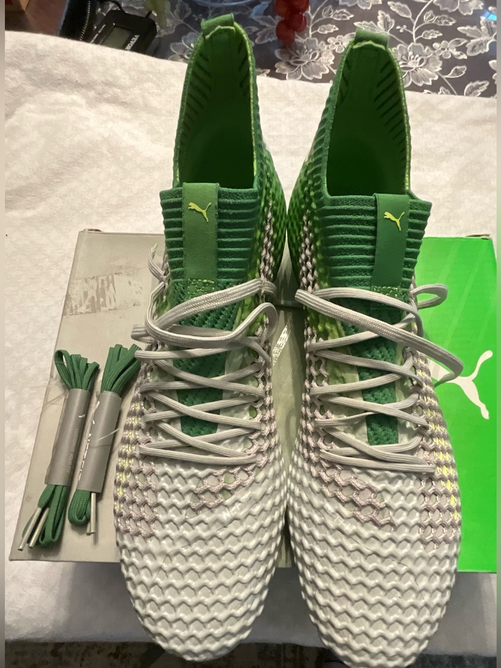 Puma White and Green Knit High-Top Soccer/Training Sneakers